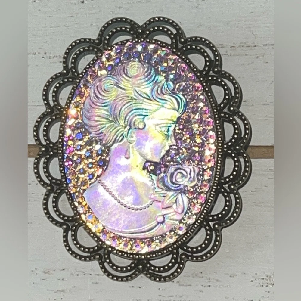 Iridescent Purple, Pink, Woman Victorian, Cameo Statement Brooch, Lapel Pin